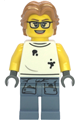 Female scrapyard worker wearing a white sleeveless shirt with oil stains, sand blue legs with shirt sleeves also stained, medium nougat wavy hair, and glasses - cty1856