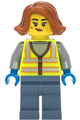 Female scrapyard worker with dark orange hair, wearing a neon yellow safety vest with reflective stripes, sand blue legs, and a beauty mark - cty1859