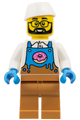 Male donut truck vendor with dark azure and medium nougat apron over white shirt, medium nougat legs, white butcher/food service cap, glasses, and a beard - cty1860
