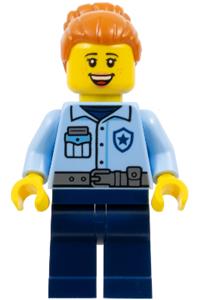 Donut Truck Customer Minifigure - Female police officer and Donut Truck customer with dark orange hair in a bun wearing bright light blue uniform, dark bluish gray belt, and dark blue legs - cty1861