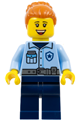 Female police officer and Donut Truck customer with dark orange hair in a bun wearing bright light blue uniform, dark bluish gray belt, and dark blue legs - cty1861