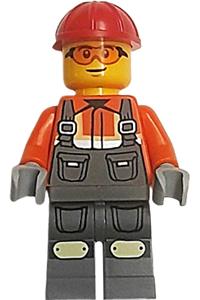 Construction Worker Minifigure - Male construction worker in dark bluish gray overalls over reddish orange safety jacket with reflective stripes, dark bluish gray legs, red construction helmet, safety glasses - cty1862