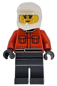 Formula 1 Pit Crew Member - Female Formula 1 pit crew member in a reddish orange racing suit with pockets, dark bluish gray legs, white dirt bike helmet, and freckles - cty1864