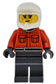 Female Formula 1 pit crew member in a reddish orange racing suit with pockets, dark bluish gray legs, white dirt bike helmet, and freckles - cty1864