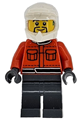 Male F1 pit crew member in reddish orange racing suit with pockets, dark bluish gray legs, white dirt bike helmet, goatee, and hearing aid - cty1866