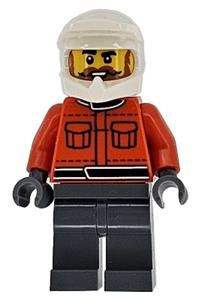 Formula 1 Pit Crew Member - Male Formula 1 pit crew member in a reddish orange racing suit with pockets, dark bluish gray legs, wearing a white dirt bike helmet, with a beard and moustache - cty1867