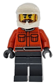 Male Formula 1 pit crew member in a reddish orange racing suit with pockets, dark bluish gray legs, wearing a white dirt bike helmet, with a beard and moustache - cty1867