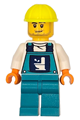 Male plumber race car driver in dark turquoise overalls with toilet logo, dark turquoise legs, neon yellow construction helmet, and stubble - cty1869