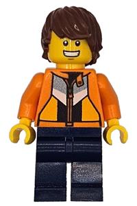 Soapbox Race Reporter Minifigure - Male soapbox race reporter with an orange jacket with panels and zipper, dark blue legs, and reddish brown tousled hair - cty1871