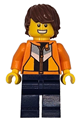 Male soapbox race reporter with an orange jacket with panels and zipper, dark blue legs, and reddish brown tousled hair - cty1871