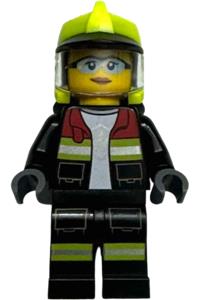 Firefighter Female Minifigure - Female fire wearing a black open jacket and legs with reflective stripes and red collar, neon yellow fire helmet, and trans-clear visor - cty1873