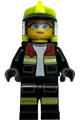 Female fire wearing a black open jacket and legs with reflective stripes and red collar, neon yellow fire helmet, and trans-clear visor - cty1873