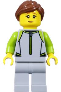 Female Surfer Minifigure - Female surfer with light bluish gray and lime wetsuit, light bluish gray legs, and reddish brown hair with ponytail - cty1875