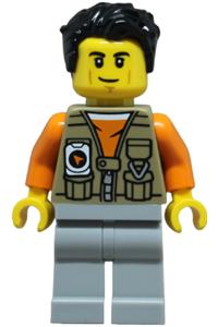 Male Adventurer Minifigure - Male adventurer wearing a dark tan vest over an orange shirt, with light bluish gray legs and black hair - cty1876