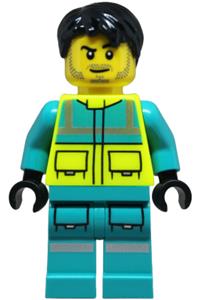 Paramedic Minifigure - Male paramedic in a dark turquoise and neon yellow safety vest, legs with silver reflective stripes, and black hair - cty1877