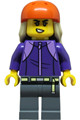 Female skateboarder in a dark purple tracksuit with dark bluish gray legs, wearing a reddish orange sports helmet and tan long hair - cty1878