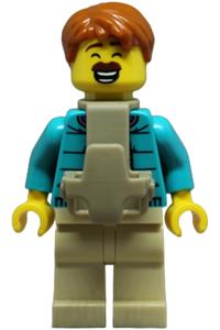 Dad Camper Minifigure - Dad with dark orange hair wearing a dark turquoise jacket over a dark purple shirt, tan legs, and a baby carrier - cty1880