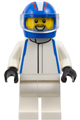 Male Formula 1 driver with a VCARB logo, wearing a white racing suit, blue helmet, and trans-clear visor, with stubble - cty1881