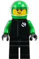 Female Sauber Formula 1 driver in a black and bright green racing suit with a matching helmet, clear visor, and beauty mark - cty1882