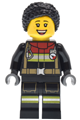 Female firefighter with black jacket and legs featuring reflective stripes and red collar, braided hair in knot bun, and freckles - cty1883
