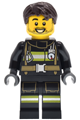 Male fire minifig with black jacket and legs featuring reflective stripes, dark brown hair, and stubble - cty1884
