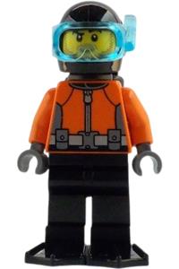 Helmsman Minifigure - Male helmsman with dark tan stubble wearing a reddish orange wetsuit, black legs, helmet, air tanks, flippers, and a trans-light blue visor - cty1885