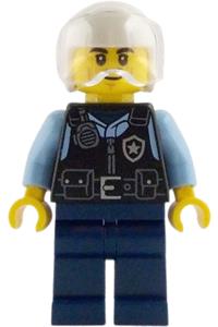 Police City Officer Male Minifigure - Police - City Officer Male, Black Safety Vest with Silver Star Badge Logo, Dark Blue Legs, White Helmet, Trans-Clear Visor, Lopsided Grin - cty1886