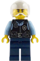 Police - City Officer Male, Black Safety Vest with Silver Star Badge Logo, Dark Blue Legs, White Helmet, Trans-Clear Visor, Lopsided Grin - cty1886