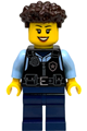Female city police officer with black safety vest featuring a silver star badge logo, dark blue legs, and dark brown coiled hair - cty1887