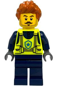 City Police Officer Male Minifigure - Male city police officer with dark orange spiked hair, wearing a neon yellow safety vest and dark blue legs - cty1889