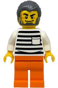City Jail Prisoner Male Minifigure - Male city jail police prisoner with dark bluish gray hair, wearing a white shirt with pocket and black stripes, and orange legs - cty1890