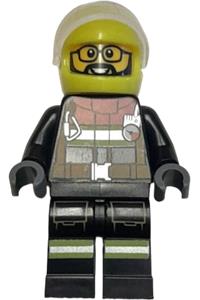 Firefighter Male Minifigure - Male fire figure wearing a black jacket and legs with reflective stripes and a red collar, neon yellow helmet with trans-clear visor - cty1892