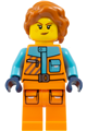 Female arctic photographer with dark orange hair wearing an orange jacket and legs with medium azure trim - cty1894