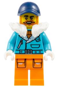 Arctic Explorer Captain Minifigure - Male Arctic Explorer Captain with dark orange beard, wearing a medium azure jacket with white fur collar and a dark blue cap - cty1895