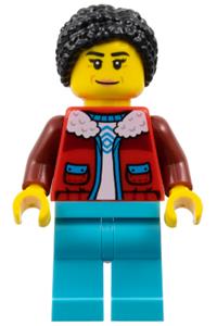 Arctic Explorer Minifigure - Female Arctic Explorer with black hair, wearing a red coat over a white shirt and medium azure legs - cty1897