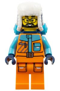 Arctic Explorer Minifigure - Male Arctic Explorer with black beard and glasses, wearing an orange and medium azure jacket, dark blue ushanka hat, and carrying a backpack - cty1898