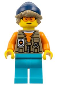 Arctic Explorer Minifigure - Male Arctic Explorer wearing a dark tan vest over an orange shirt, medium azure legs, dark blue beanie, dark tan hair, and orange glasses - cty1899