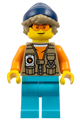 Male Arctic Explorer wearing a dark tan vest over an orange shirt, medium azure legs, dark blue beanie, dark tan hair, and orange glasses - cty1899