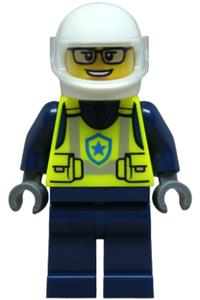 Female City Police Officer  - Female city police officer wearing a neon yellow safety vest, dark blue legs, white helmet, and trans-clear visor - cty1900