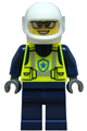 Female city police officer wearing a neon yellow safety vest, dark blue legs, white helmet, and trans-clear visor - cty1900