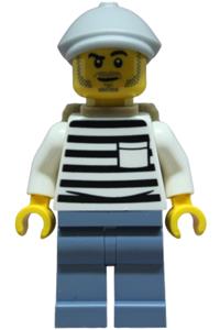 Male City Jail Prisoner Minifigure - Male city jail prisoner wearing a white shirt with pocket and black stripes, sand blue legs, a light bluish gray flat cap, and a dark tan backpack - cty1901