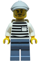 Male city jail prisoner wearing a white shirt with pocket and black stripes, sand blue legs, a light bluish gray flat cap, and a dark tan backpack - cty1901