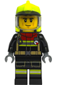 Male fire figure wearing black jacket and legs with reflective stripes and red collar, neon yellow fire helmet, and trans-clear visor - cty1903