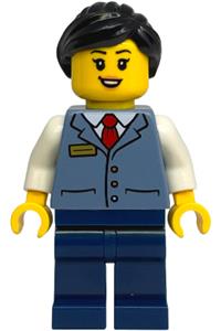 Train Driver Minifigure - Female train driver with a black ponytail, wearing a sand blue vest over a white shirt and dark blue legs - cty1904