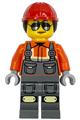 Female construction worker wearing dark bluish gray overalls over reddish orange safety jacket with reflective stripes, dark bluish gray legs with knee pads, red helmet, dark brown ponytail, and sunglasses - cty1909