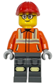 Male construction worker wearing a reddish orange safety jacket with reflective stripes, dark bluish gray legs with knee pads, and a red construction helmet - cty1910