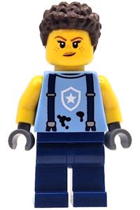 Female City Police Mechanic - Female police mechanic wearing a bright light blue shirt with suspenders, black splotches, a white star badge logo, dark blue legs, and dark brown coiled hair - cty1913