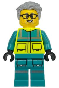 Paramedic Minifigure - Male paramedic with light bluish gray hair, glasses, wearing a dark turquoise and neon yellow safety vest and legs with silver reflective stripes - cty1915