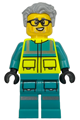 Male paramedic with light bluish gray hair, glasses, wearing a dark turquoise and neon yellow safety vest and legs with silver reflective stripes - cty1915