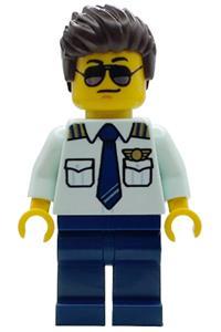 Air Ambulance Pilot Minifigure - Male air ambulance pilot with dark brown hair and sunglasses, wearing a light aqua shirt with tie and dark blue legs - cty1918